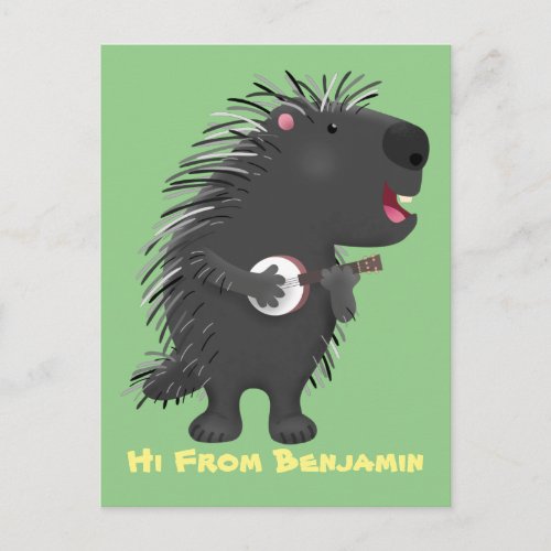 Cute funny porcupine playing banjo cartoon postcard