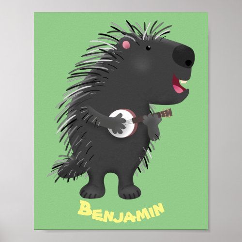 Cute funny porcupine playing banjo cartoon  poster