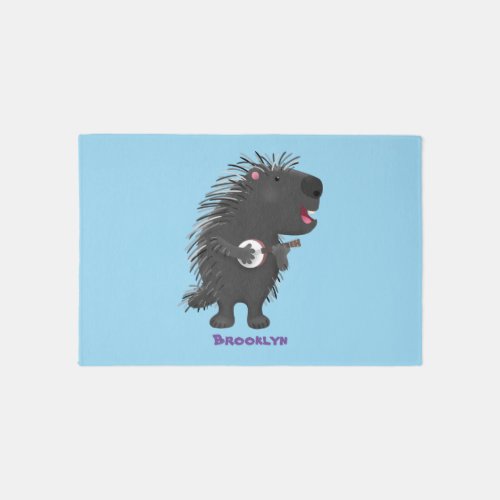 Cute funny porcupine playing banjo cartoon  rug