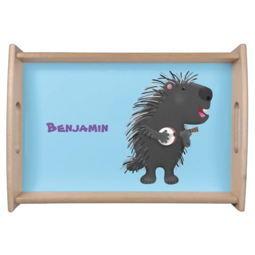 Cute funny porcupine playing banjo cartoon serving tray