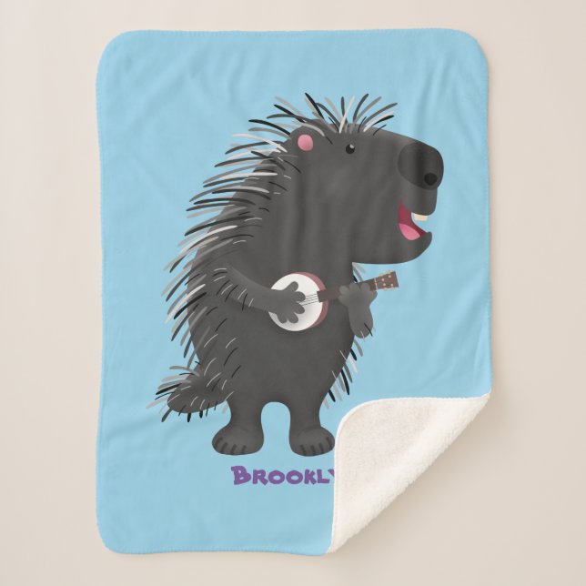 Cute funny porcupine playing banjo cartoon sherpa blanket (Front)