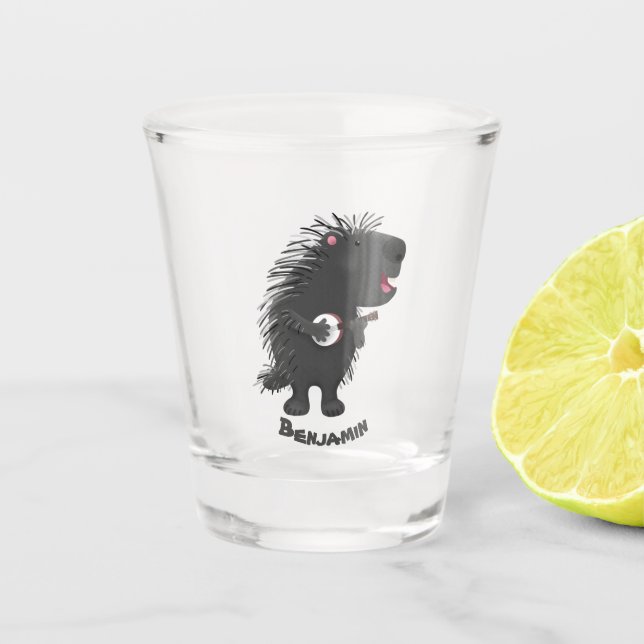 Cute funny porcupine playing banjo cartoon shot glass (Front)