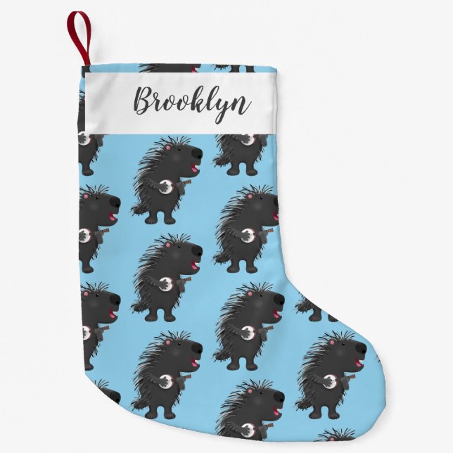 Cute funny porcupine playing banjo cartoon small christmas stocking (Front)