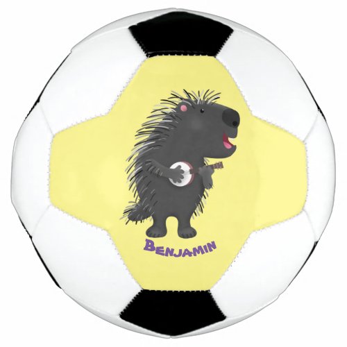 Cute funny porcupine playing banjo cartoon soccer ball
