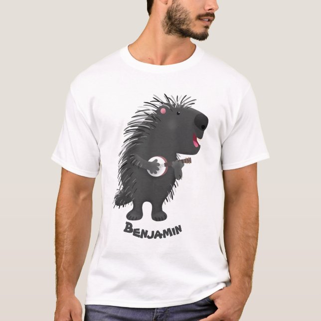 Cute funny porcupine playing banjo cartoon T-Shirt (Front)