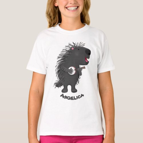 Cute funny porcupine playing banjo cartoon T_Shirt