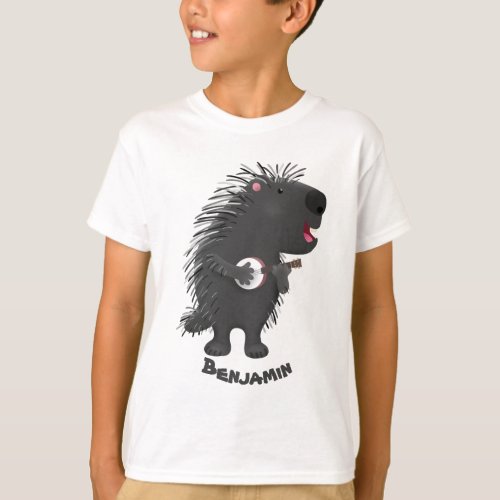 Cute funny porcupine playing banjo cartoon T_Shirt