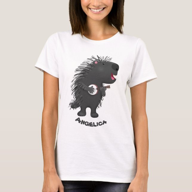 Cute funny porcupine playing banjo cartoon T-Shirt (Front)