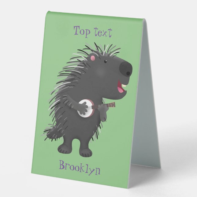 Cute funny porcupine playing banjo cartoon table tent (Front)
