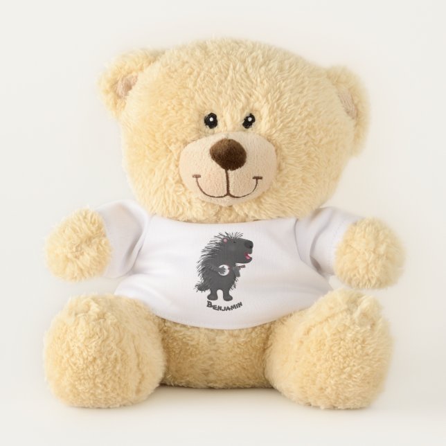 Cute funny porcupine playing banjo cartoon teddy bear (Front)