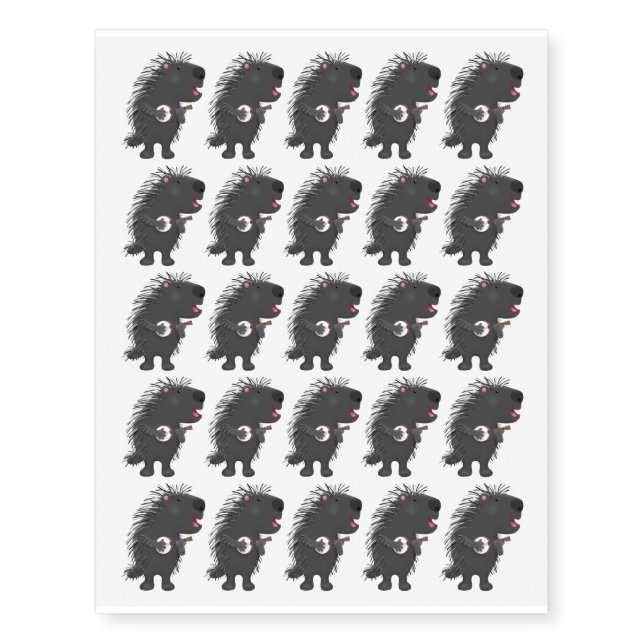 Cute funny porcupine playing banjo cartoon  temporary tattoos (Front)