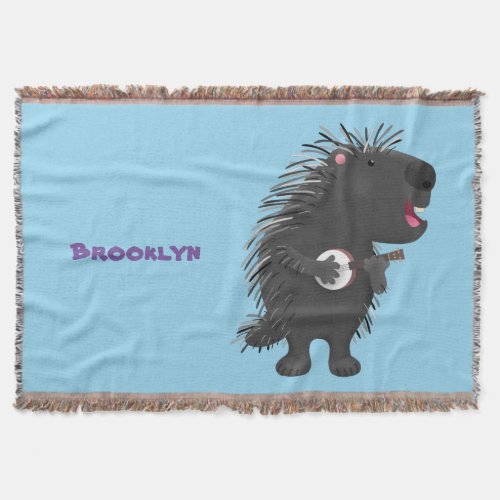 Cute funny porcupine playing banjo cartoon throw blanket