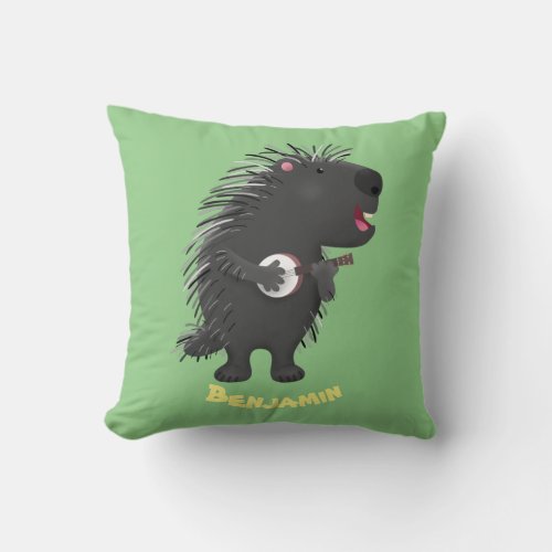 Cute funny porcupine playing banjo cartoon throw pillow