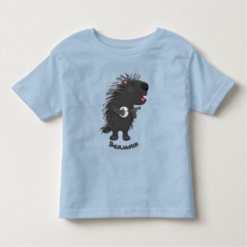 Cute funny porcupine playing banjo cartoon toddler t_shirt