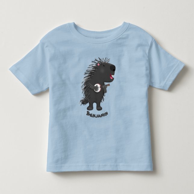 Cute funny porcupine playing banjo cartoon toddler t-shirt (Front)