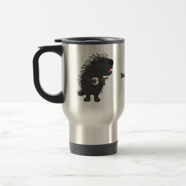 Cute funny porcupine playing banjo cartoon travel mug (Left)