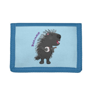 Cute funny porcupine playing banjo cartoon tri-fold wallet