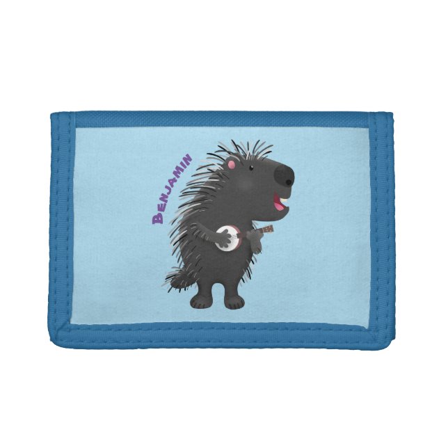 Cute funny porcupine playing banjo cartoon trifold wallet (Front)