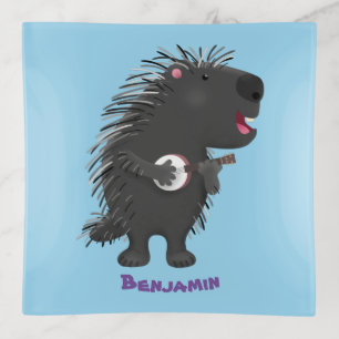 Cute funny porcupine playing banjo cartoon trinket tray
