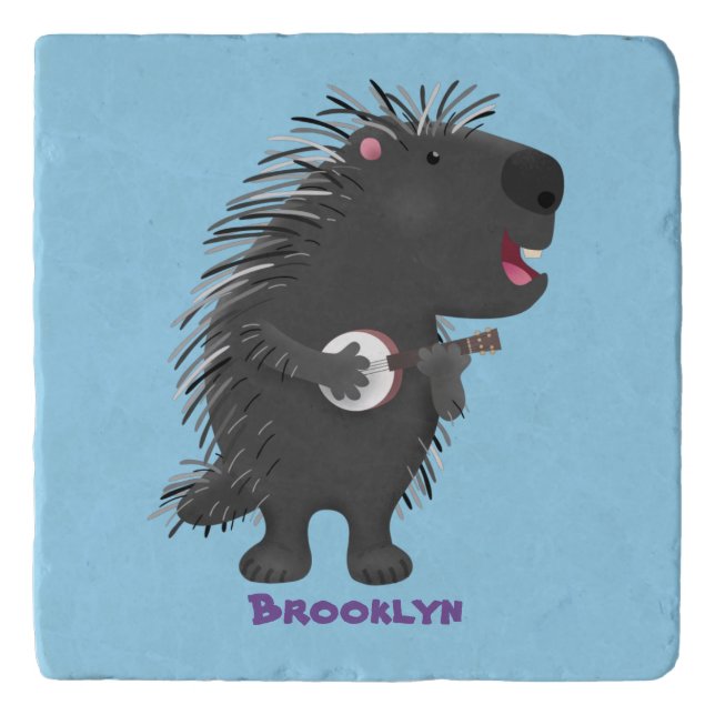 Cute funny porcupine playing banjo cartoon trivet (Front)