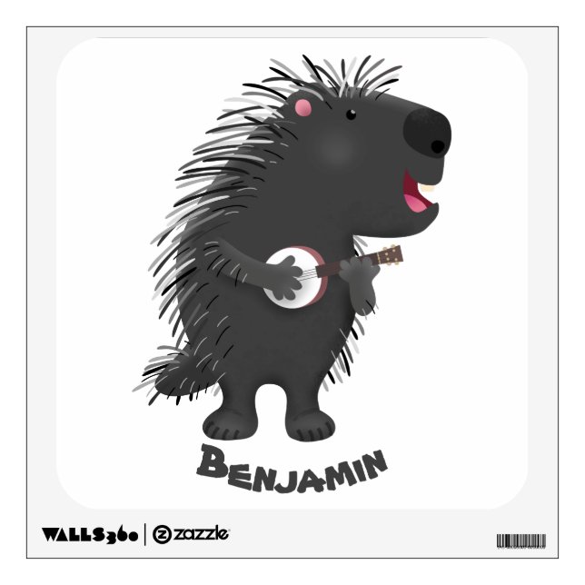 Cute funny porcupine playing banjo cartoon wall decal (Front)