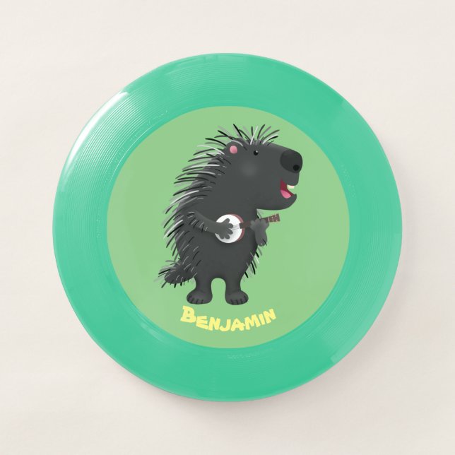 Cute funny porcupine playing banjo cartoon Wham-O frisbee (Front)