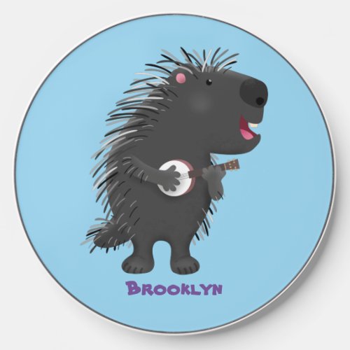 Cute funny porcupine playing banjo cartoon  wireless charger 