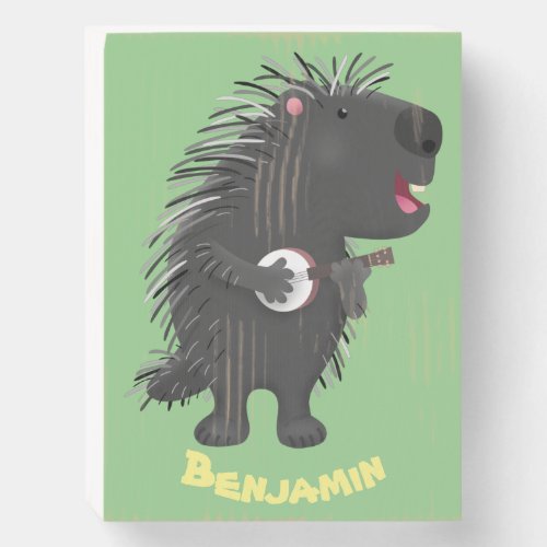 Cute funny porcupine playing banjo cartoon wooden box sign