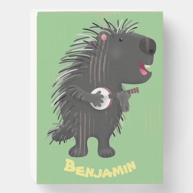 Cute funny porcupine playing banjo cartoon wooden box sign (Front Vertical)