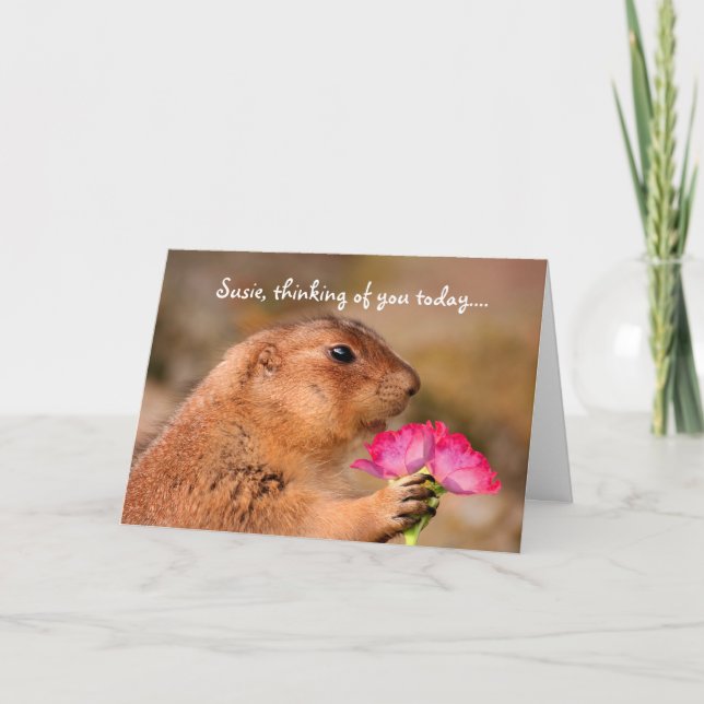 Cute Funny Prairie Dog Holding Flowers Card (Front)