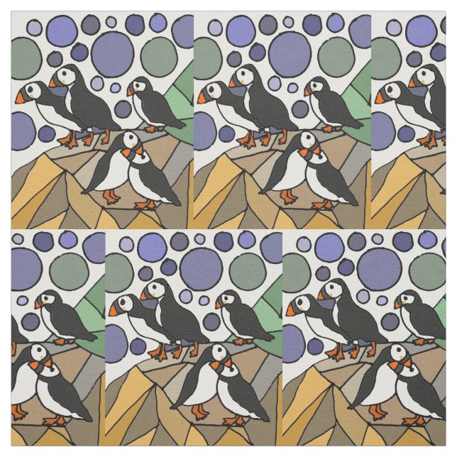 Cute Funny Puffin Birds Abstract Fabric (Swatch)