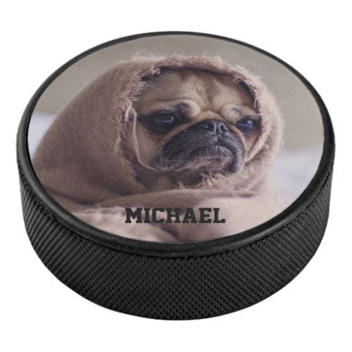 Cute  Funny Pug custom name hockey puck