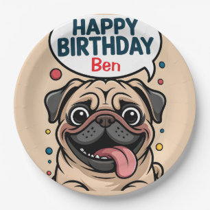Cute Funny Pug Dog Happy Birthday Paper Plates