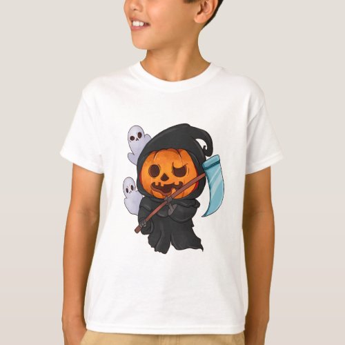 Cute Funny Pumpkin Head Grim Reaper T_Shirt