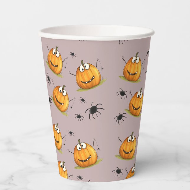 Cute Funny Pumpkin Spiders Halloween Pattern Paper Cups (Front)
