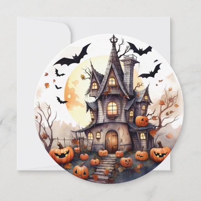 Cute Funny Pumpkins Haunted House Halloween Card (Front)