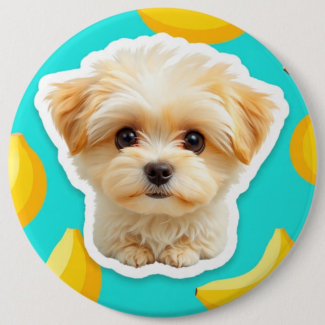 Cute funny puppy with banana pup on button (Front)