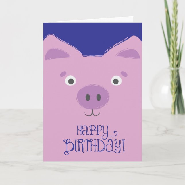 Cute, Funny Purple Pig Birthday Card (Front)
