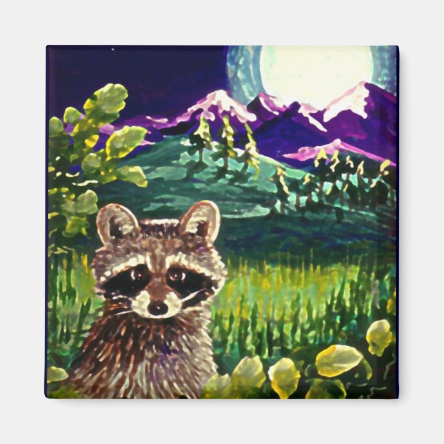 Cute Funny Raccoon Moon Mountains Creationarts LRA Magnet (Front)