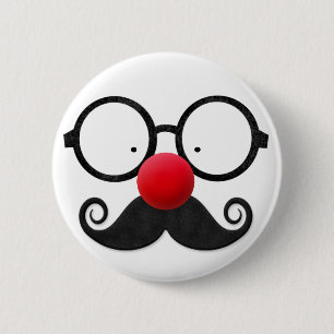 Cute funny red nose round black glasses moustache pinback button