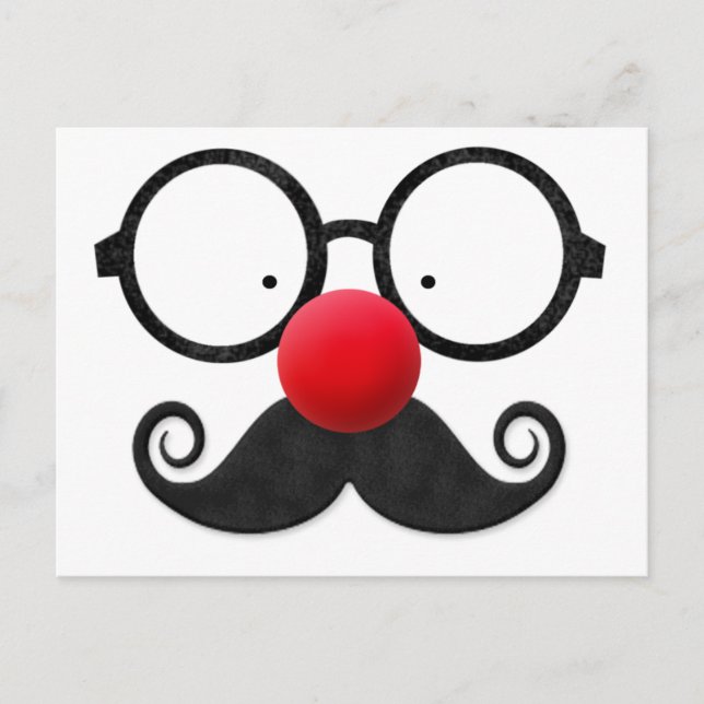 Cute funny red nose round black glasses moustache postcard (Front)
