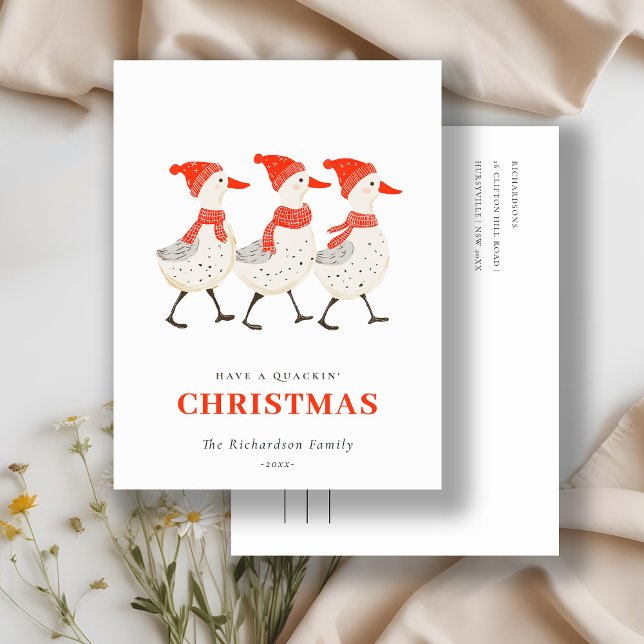 Cute Funny Red Winter Quacking Christmas Ducks  Holiday Postcard (Creator Uploaded)