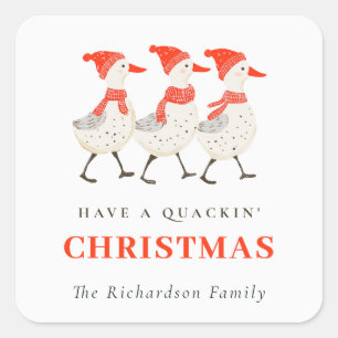 Cute Funny Red Winter Quacking Christmas Ducks Square Sticker
