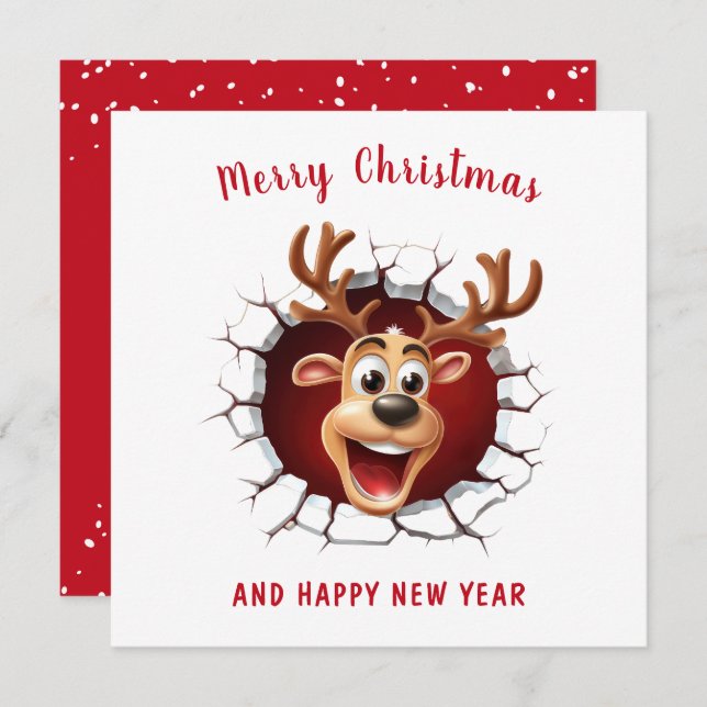 Cute Funny Reindeer breaking through Christmas Card (Front/Back)