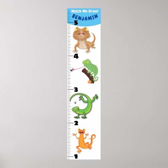 Cute funny reptiles animals cartoon growth chart (Front)