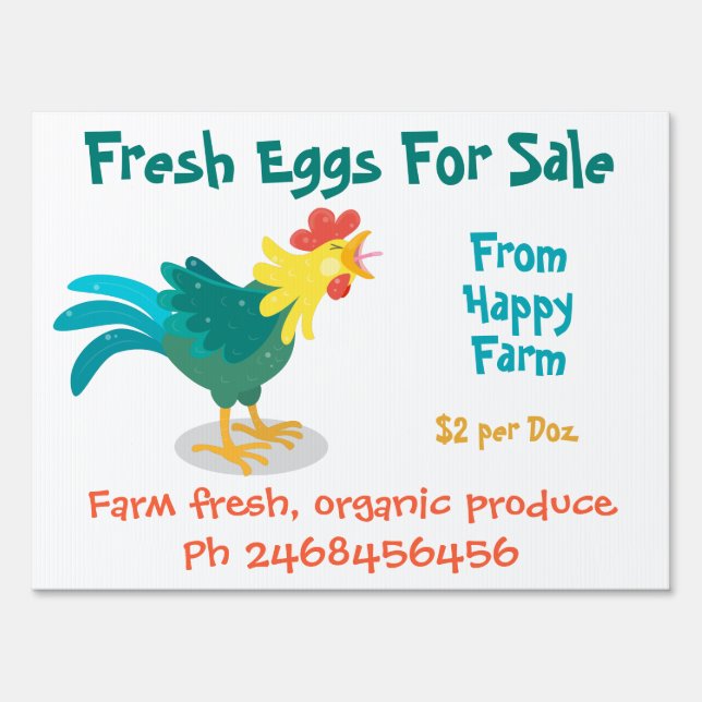 Cute funny rooster cartoon eggs for sale sign (Front)