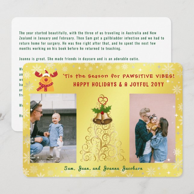 Cute Funny Rudolph 2 Photos Happy Holidays Golden Holiday Card (Front/Back)