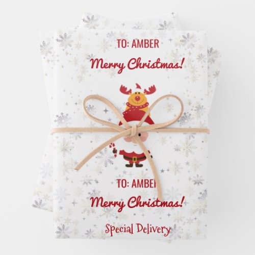 Cute Funny Rudolph Santa Special Delivery Name Wrapping Paper Sheets