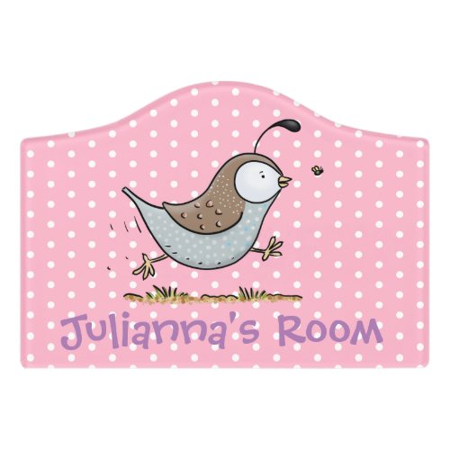 Cute funny running pink quail illustration door sign
