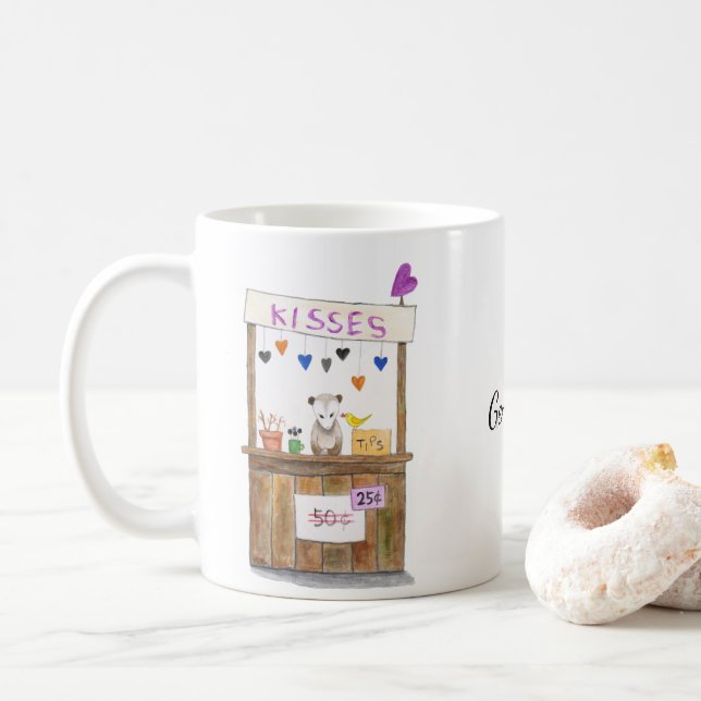 Cute Funny Sad Opossum Kissing Booth Custom Name  Coffee Mug (With Donut)